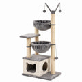 Arbre à chat gris et beige en sisal et peluche, 60 × 50 × 165 cm, avec niche, 2 hamacs, plateforme et griffoirs