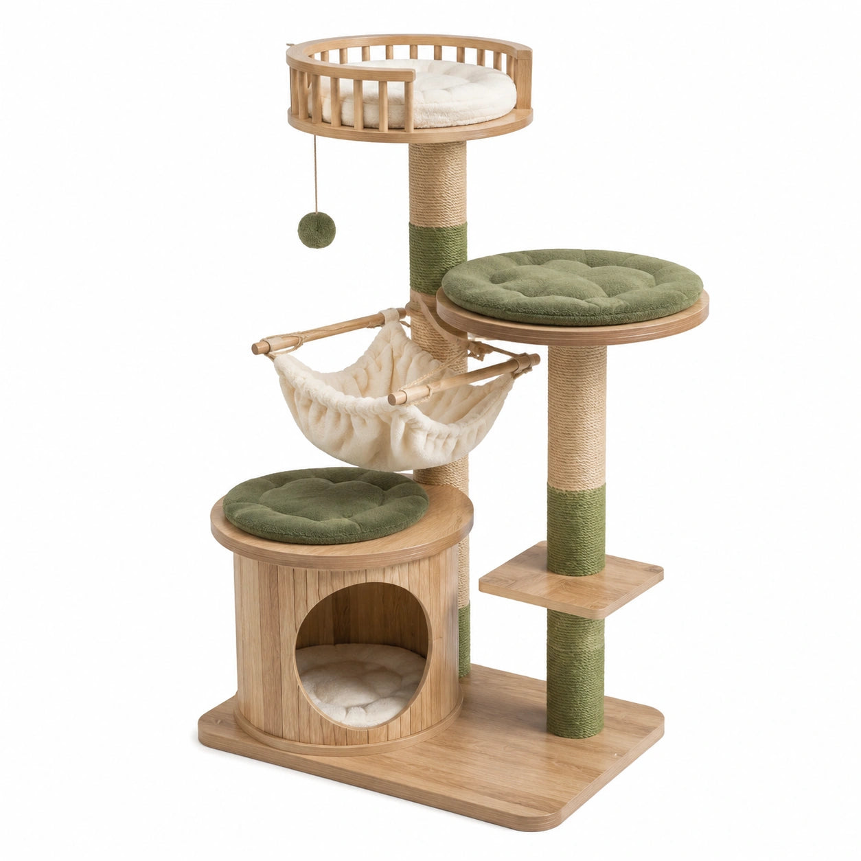 Arbre à chat multifonction en bois, sisal et tissu, naturel, vert et écru, 90 × 60 × 155 cm