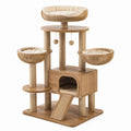 Arbre à chat en bois naturel et sisal beige avec niche, trois couchages et rampe, 100 × 60 × 160 cm