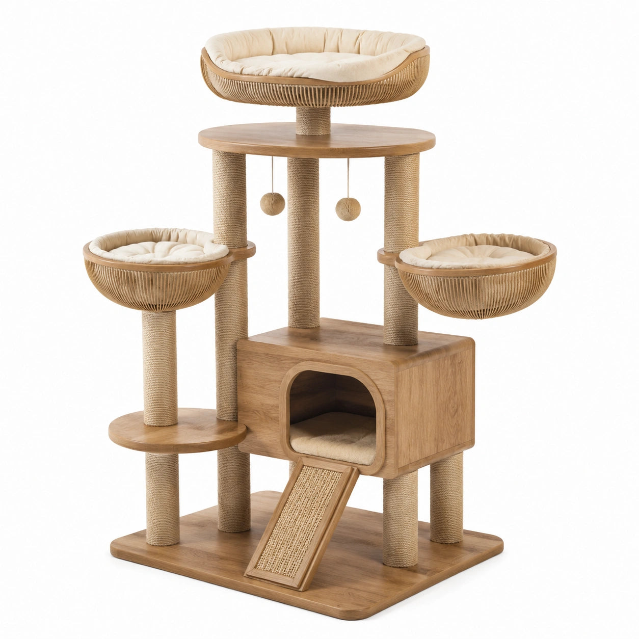 Arbre à chat en bois naturel et sisal beige avec niche, trois couchages et rampe, 100 × 60 × 160 cm