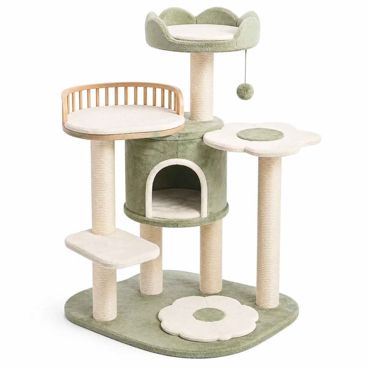 Arbre à chat multiniveau en peluche vert sauge et crème avec sisal, niche et plateformes, 100 × 60 × 140 cm