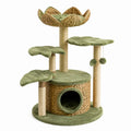 Arbre à chat vert et beige 120 × 70 × 150 cm avec niche, griffoirs et plateformes en forme de feuilles et de fleur