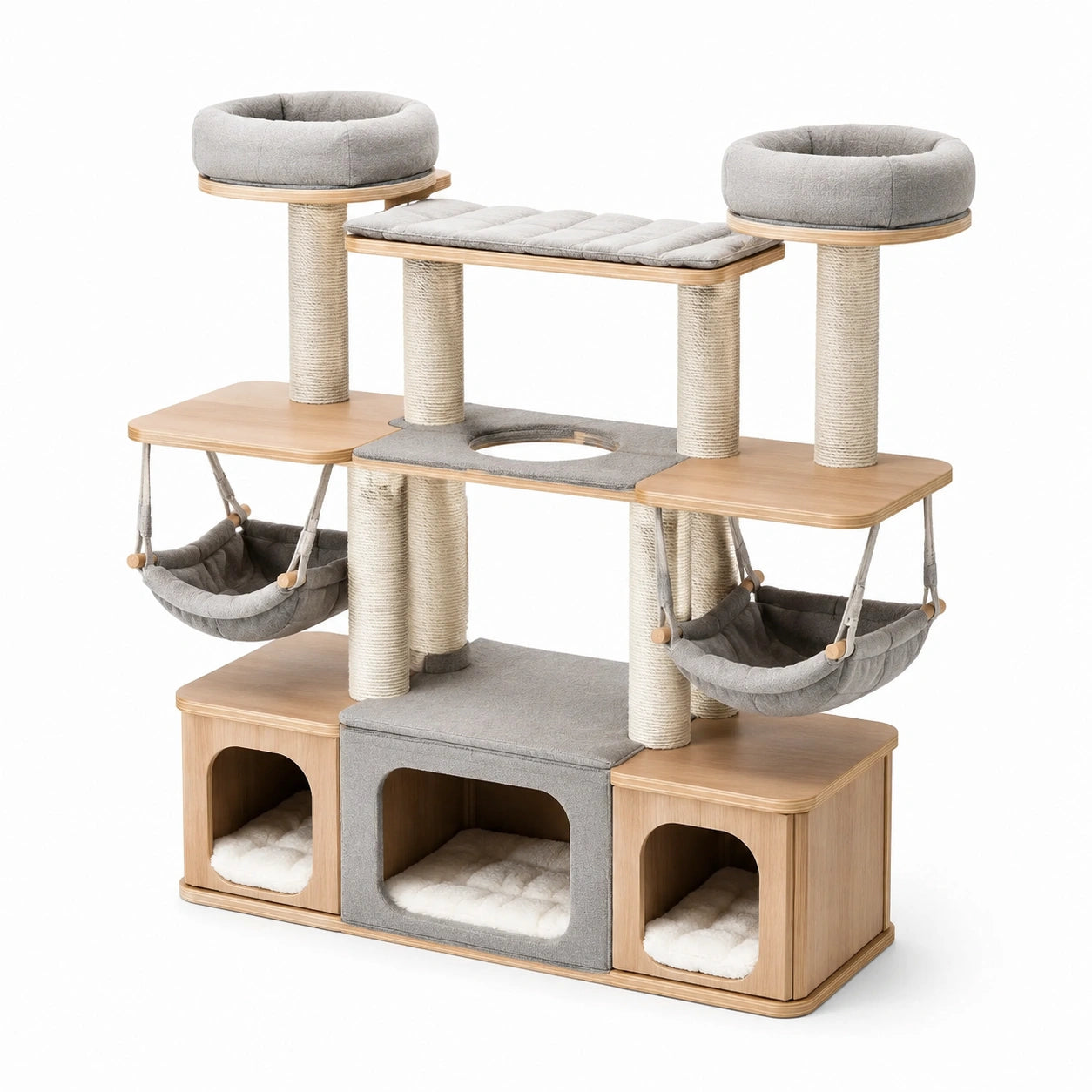 Arbre à chat en bois gris et beige 180 × 60 × 180 cm avec 3 niches, 2 hamacs, 2 paniers, griffoirs et plateformes