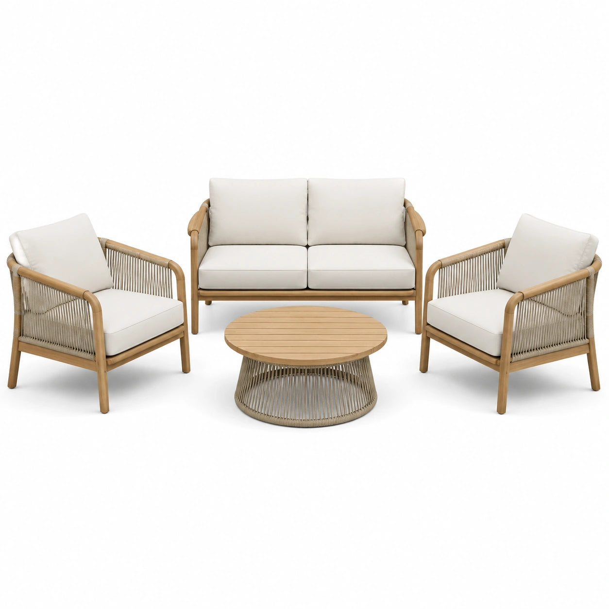 Ensemble de jardin 4 pièces beige, écru et bois naturel avec canapé 145 × 75 × 80 cm, 2 fauteuils 75 × 75 × 80 cm et table ronde Ø 80 × 40 cm