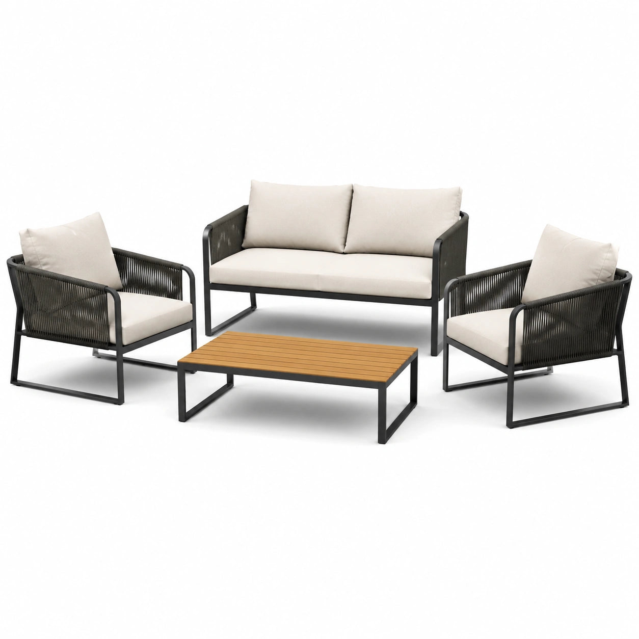 Salon de jardin 4 places noir, beige et marron avec canapé 124 × 75 × 78 cm, fauteuils 67 × 75 × 76 cm et table 90 × 50 × 35 cm