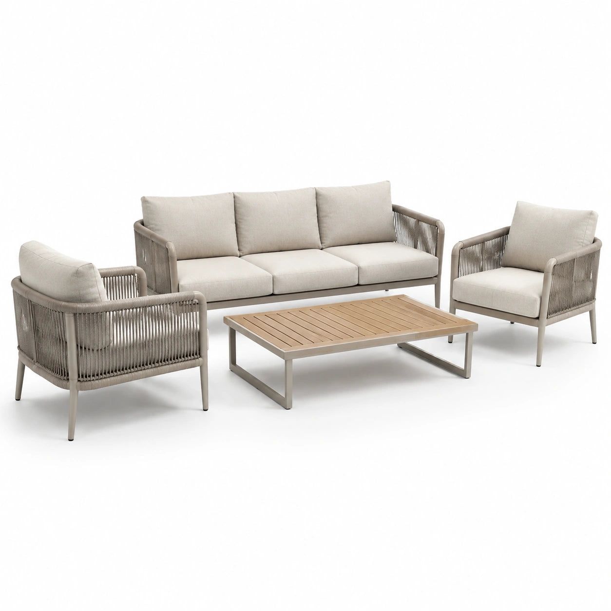 Ensemble de jardin 4 pièces beige, taupe et brun clair avec canapé 210 × 82 × 78 cm, 2 fauteuils 82 × 82 × 78 cm et table basse 120 × 70 × 38 cm