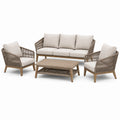 Salon de jardin 4 pièces en bois et corde tressée, beige, taupe et bois naturel – canapé 188 × 79 × 79 cm, fauteuils 75 × 79 × 79 cm, table 105 × 60 × 40 cm