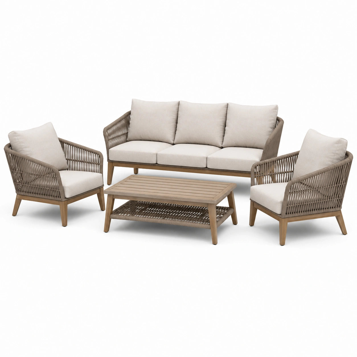 Salon de jardin 4 pièces en bois et corde tressée, beige, taupe et bois naturel – canapé 188 × 79 × 79 cm, fauteuils 75 × 79 × 79 cm, table 105 × 60 × 40 cm