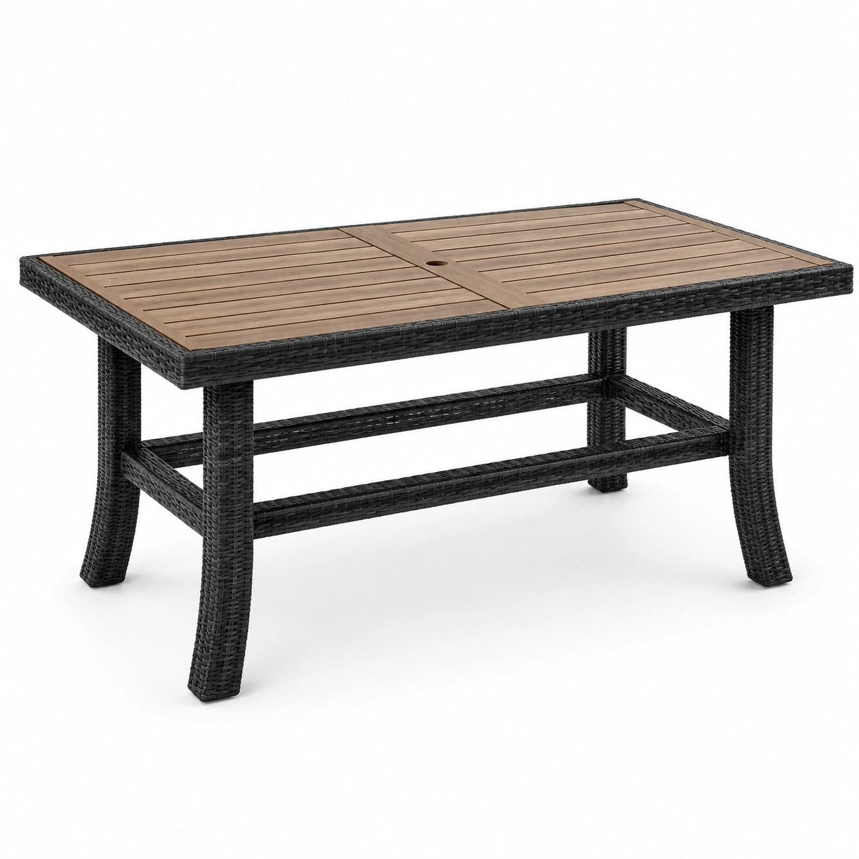 Table de jardin rectangulaire en résine tressée noire avec plateau brun et trou pour parasol, 110 × 60 × 74 cm