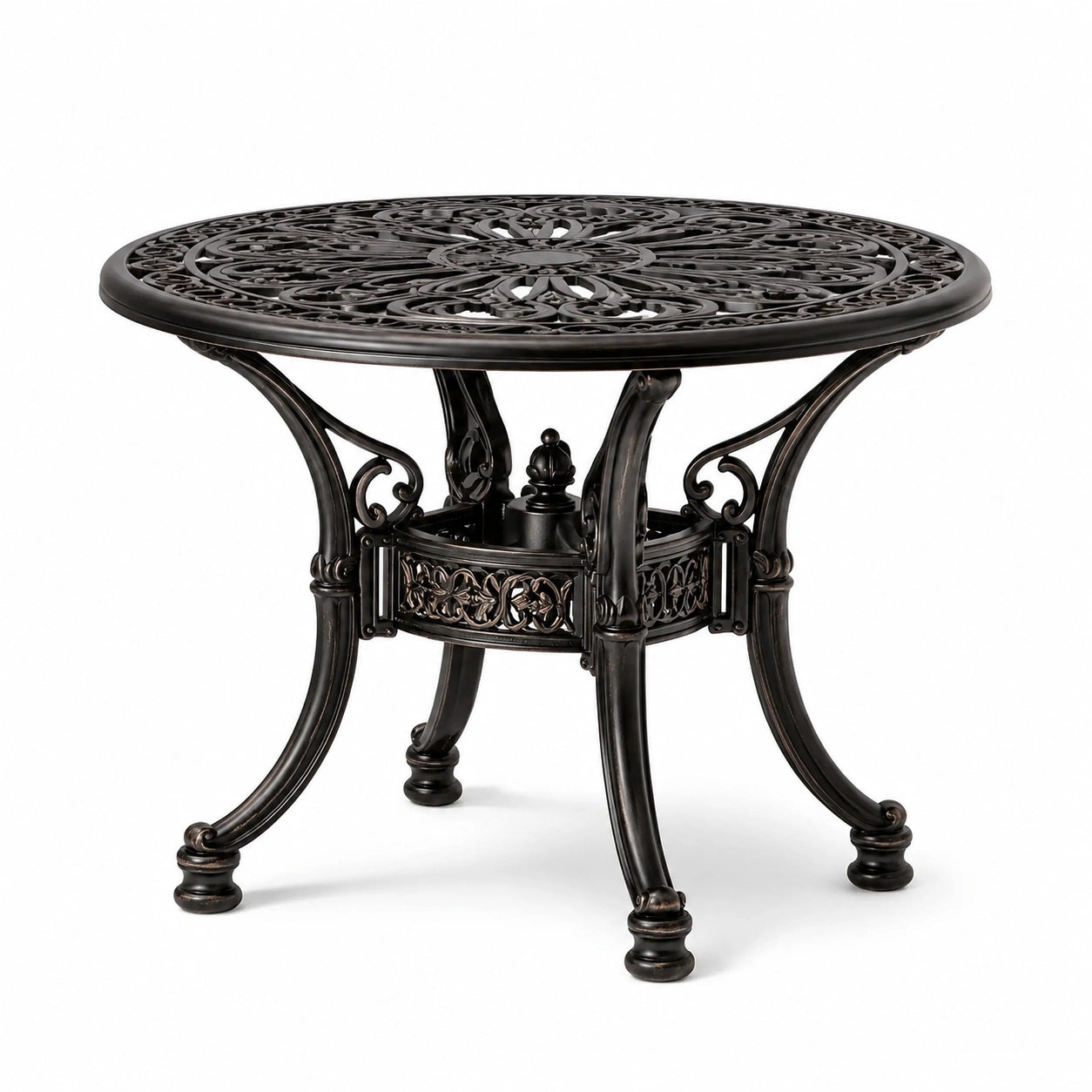 Table de jardin ronde en aluminium noir et bronze, Ø 90 × H 73 cm, plateau ajouré