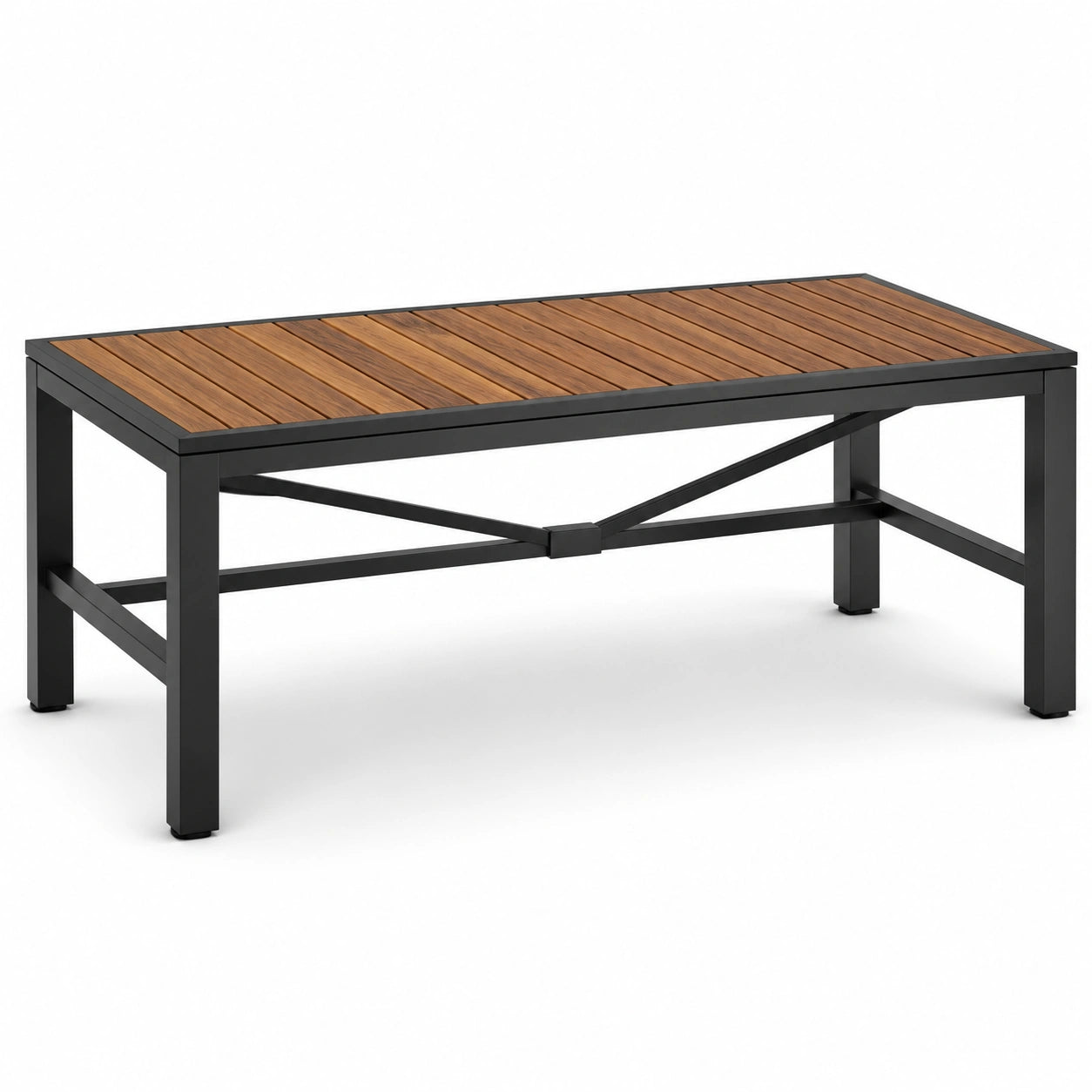 Table de jardin rectangulaire en bois brun et acier noir, 150 × 90 × 75 cm, style industriel
