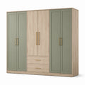 Armoire penderie à 6 portes et 2 tiroirs, effet chêne clair et vert sauge, 240 × 60 × 220 cm