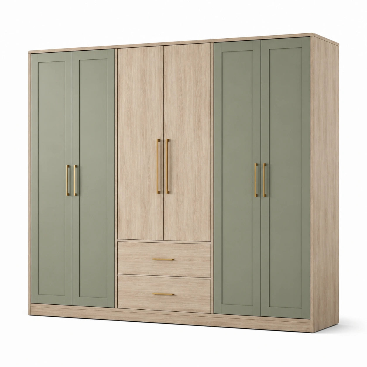 Armoire penderie à 6 portes et 2 tiroirs, effet chêne clair et vert sauge, 240 × 60 × 220 cm