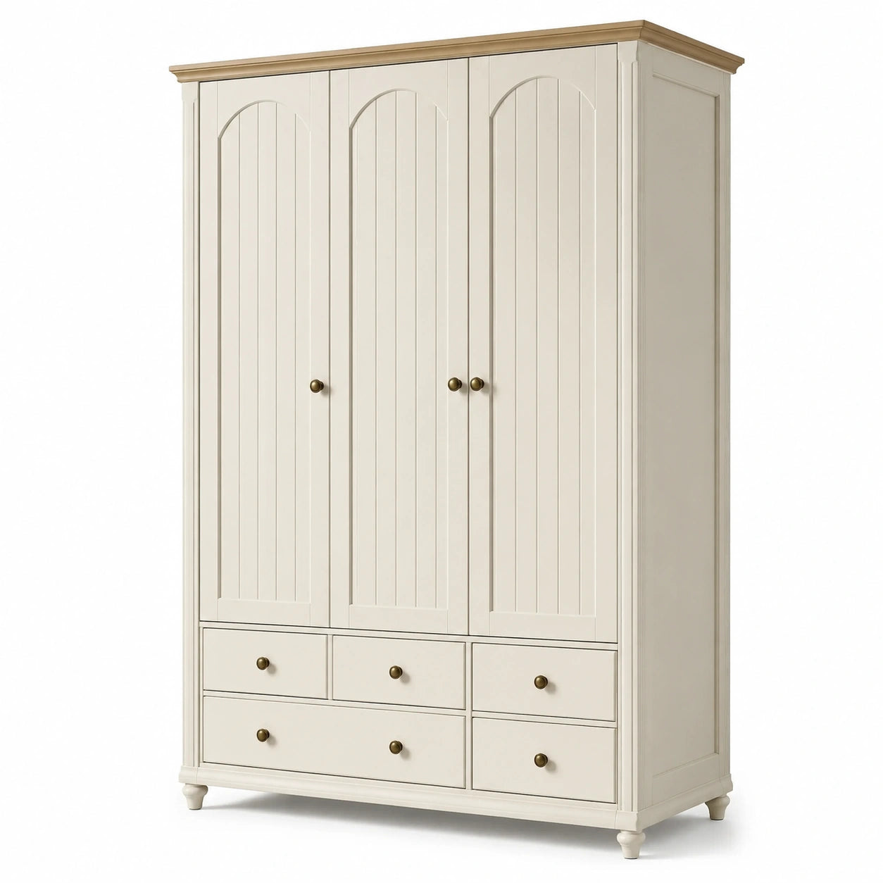 Armoire en bois peint blanc cassé à 3 portes et 5 tiroirs, détails laiton, 150 × 55 × 205 cm