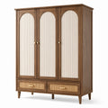 Armoire rétro en bois brun et rotin naturel, 3 portes et 2 tiroirs, 150 × 55 × 190 cm