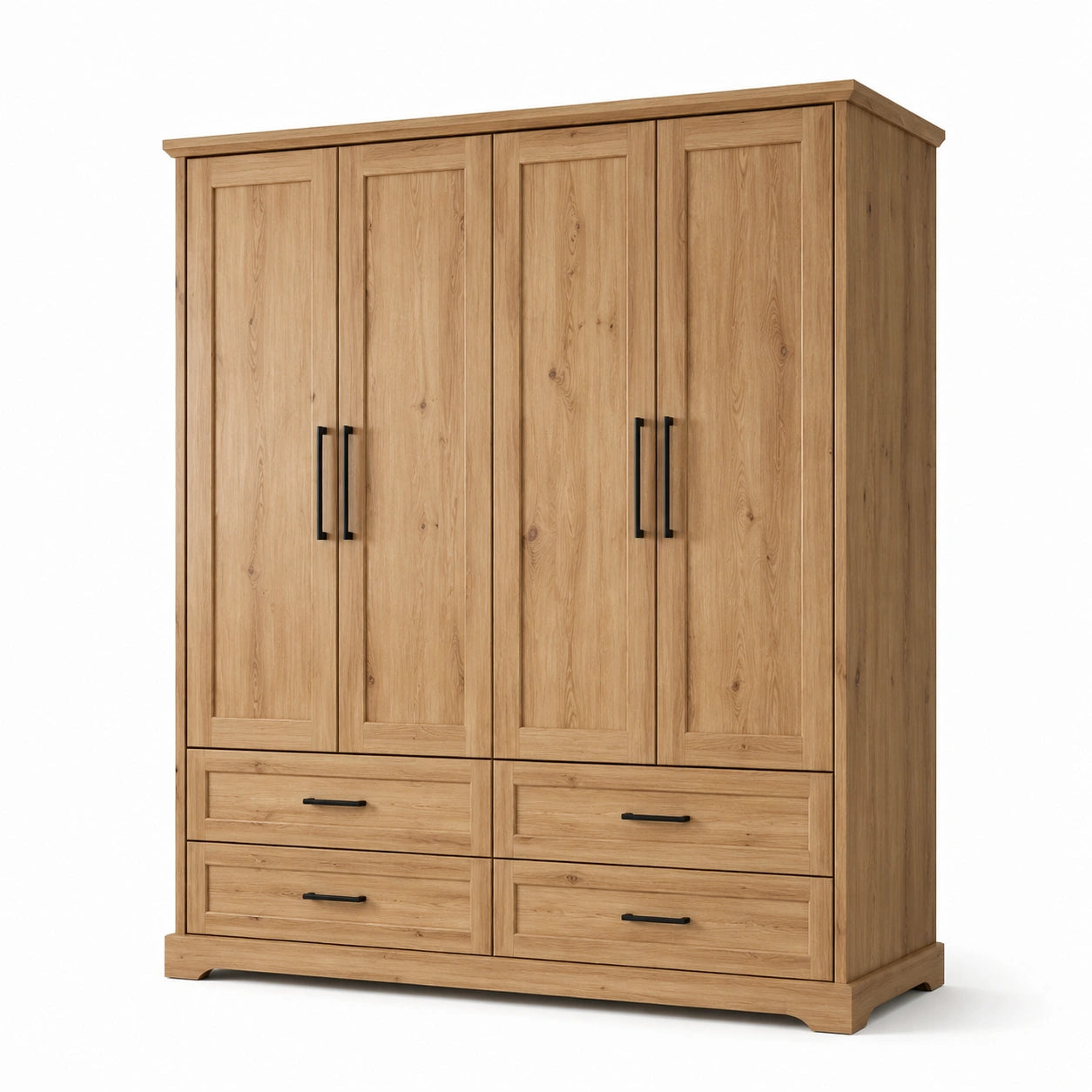 Armoire à 4 portes et 4 tiroirs, effet chêne clair avec poignées noires, 200 × 60 × 220 cm