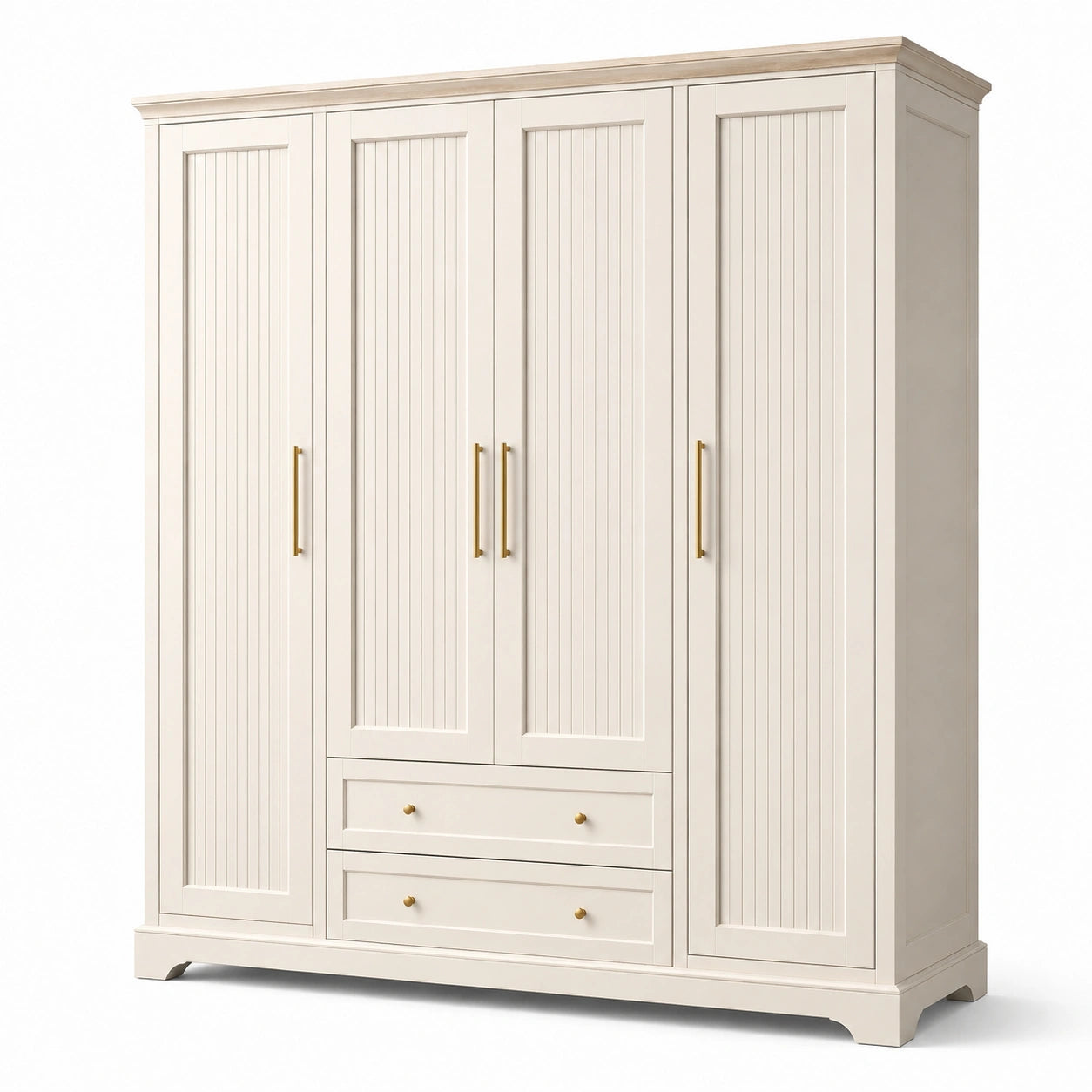 Armoire penderie à 4 portes et 2 tiroirs, 200 × 60 × 220 cm, blanc cassé et doré, style campagne