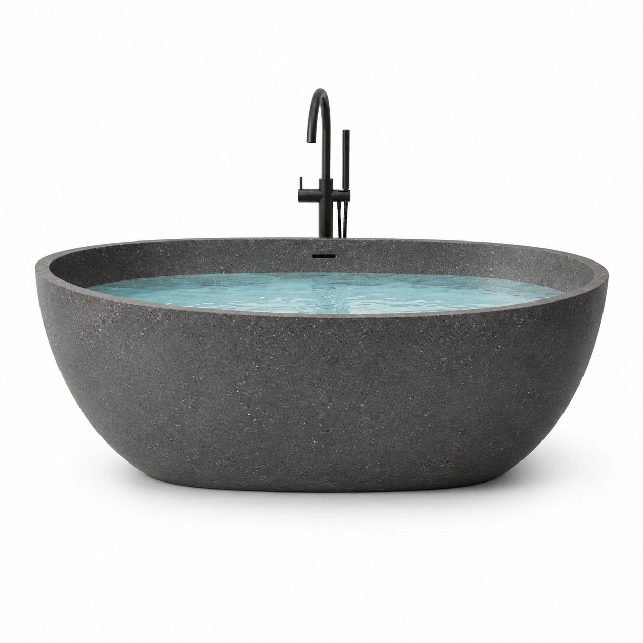 Baignoire îlot ovale en résine minérale gris anthracite effet pierre, 170 × 80 × 58 cm