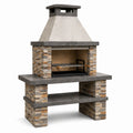 Barbecue de jardin fixe en béton et acier, gris, beige, marron et noir, 110 × 65 × 210 cm, avec hotte, cheminée et grille