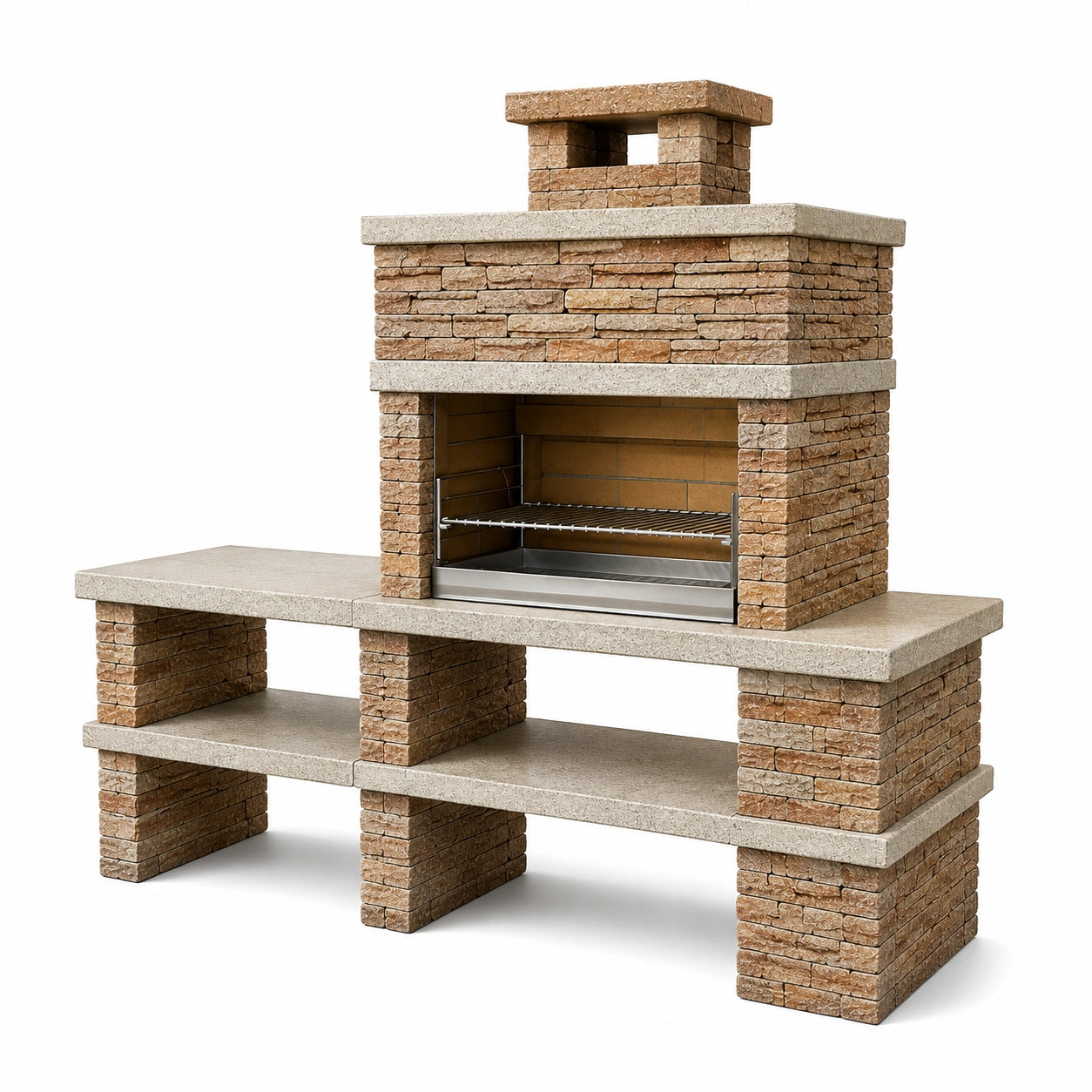 Barbecue fixe de jardin en pierre beige, marron clair et gris clair avec plan de travail et rangements, 220 × 70 × 230 cm