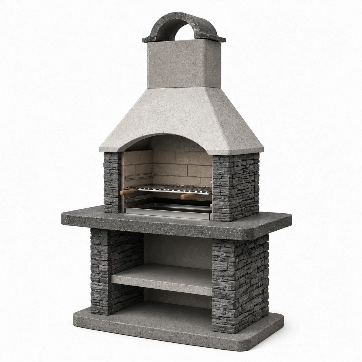 Barbecue fixe de jardin en béton gris et noir avec grille réglable, 110 × 65 × 210 cm