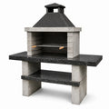 Barbecue de jardin en béton gris et acier noir avec hotte, plan de travail et tablette, 160 × 60 × 210 cm