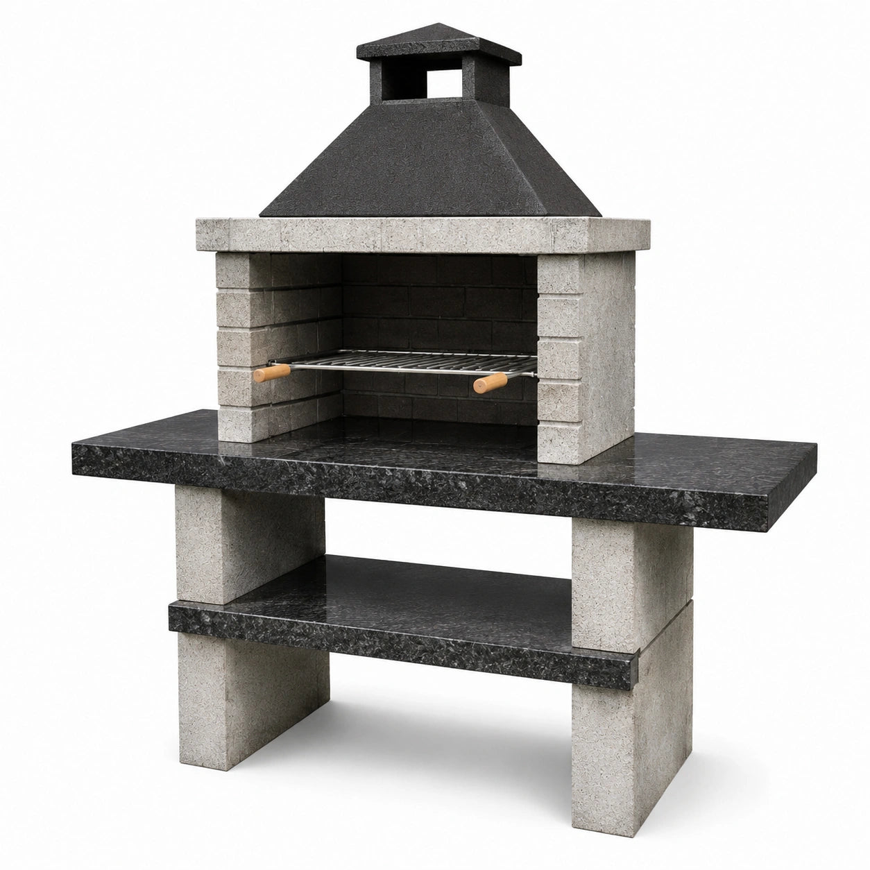 Barbecue de jardin en béton gris et acier noir avec hotte, plan de travail et tablette, 160 × 60 × 210 cm