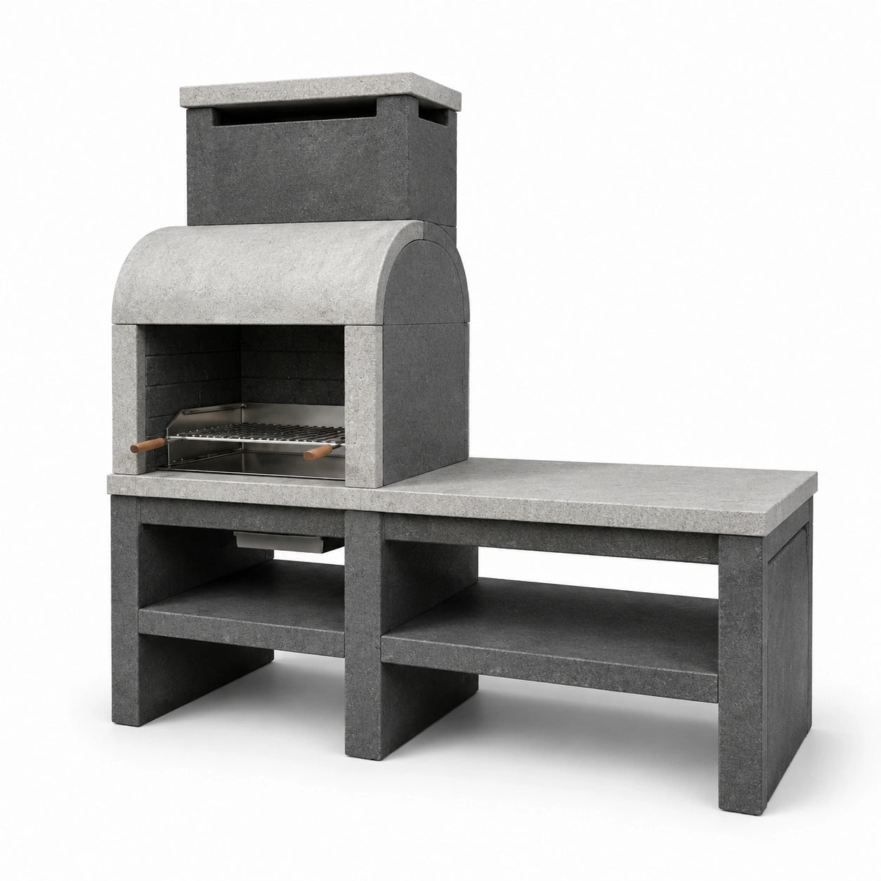 Barbecue fixe de jardin gris avec cheminée, plan de travail et rangements, 180 × 60 × 210 cm
