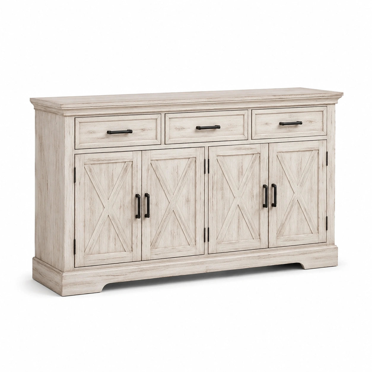 Buffet blanc cassé patiné et noir avec 3 tiroirs et 4 portes, 180 x 45 x 95 cm