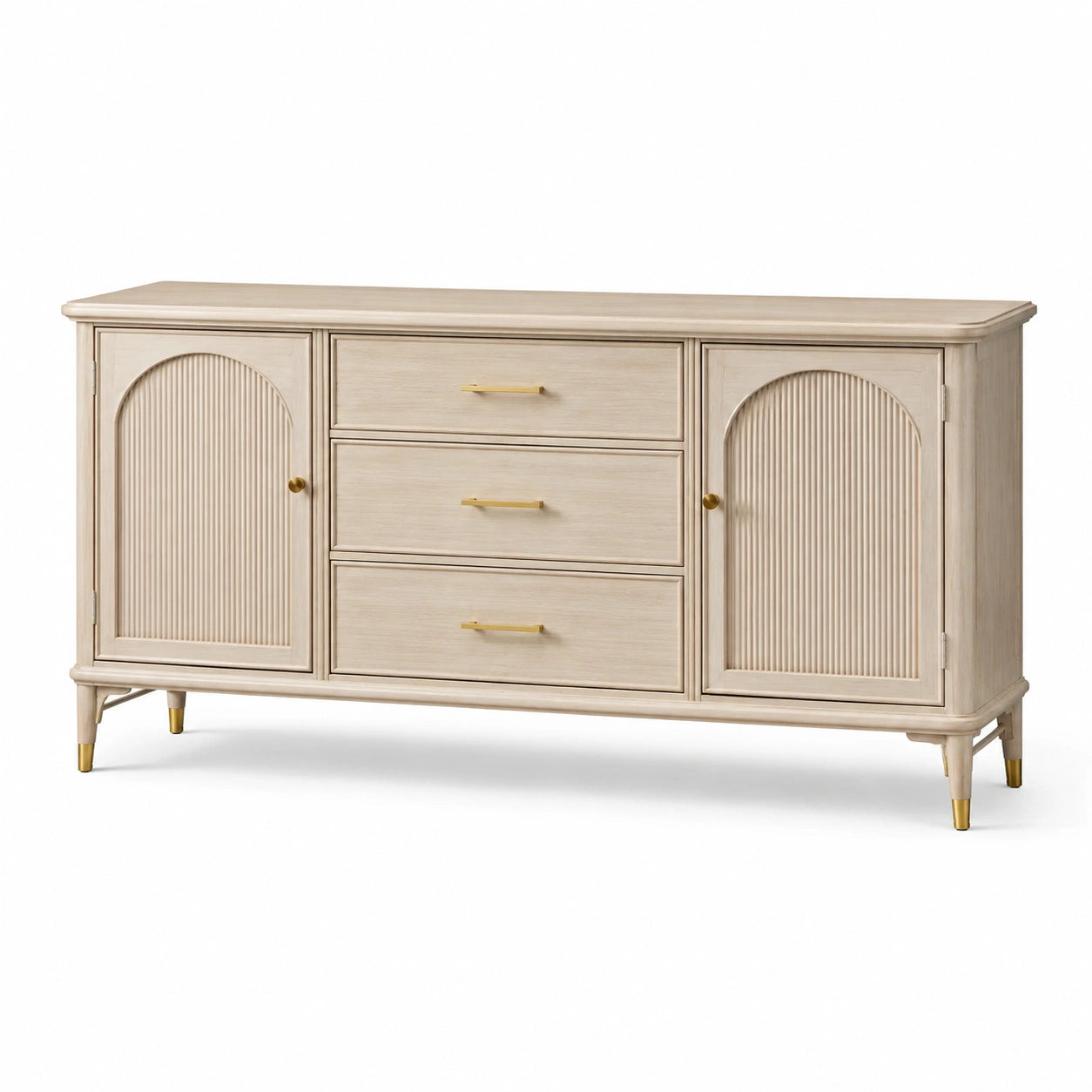 Buffet de rangement en bois beige et doré avec 2 portes et 3 tiroirs, 160 × 40 × 85 cm