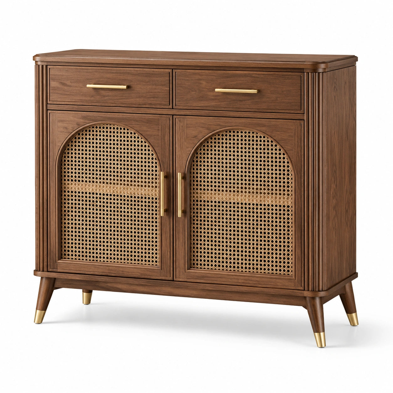 Buffet vintage en bois brun et cannage naturel, 2 portes, 2 tiroirs, 110 × 40 × 100 cm