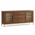 Buffet en bois brun et cannage naturel, métal doré, 3 tiroirs et 2 portes, 160 × 40 × 80 cm