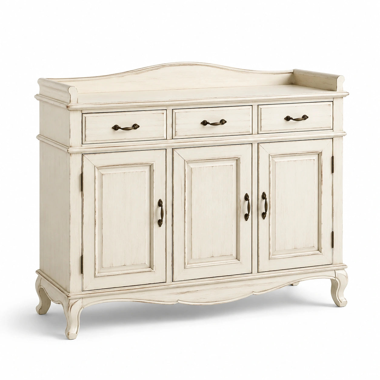 Buffet de rangement en bois blanc cassé et bronze, 130 × 45 × 110 cm, 3 tiroirs et 3 portes