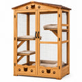 Enclos pour chats en bois naturel et grillage métallique, 120 × 80 × 170 cm, toit incliné, doubles portes et plateformes
