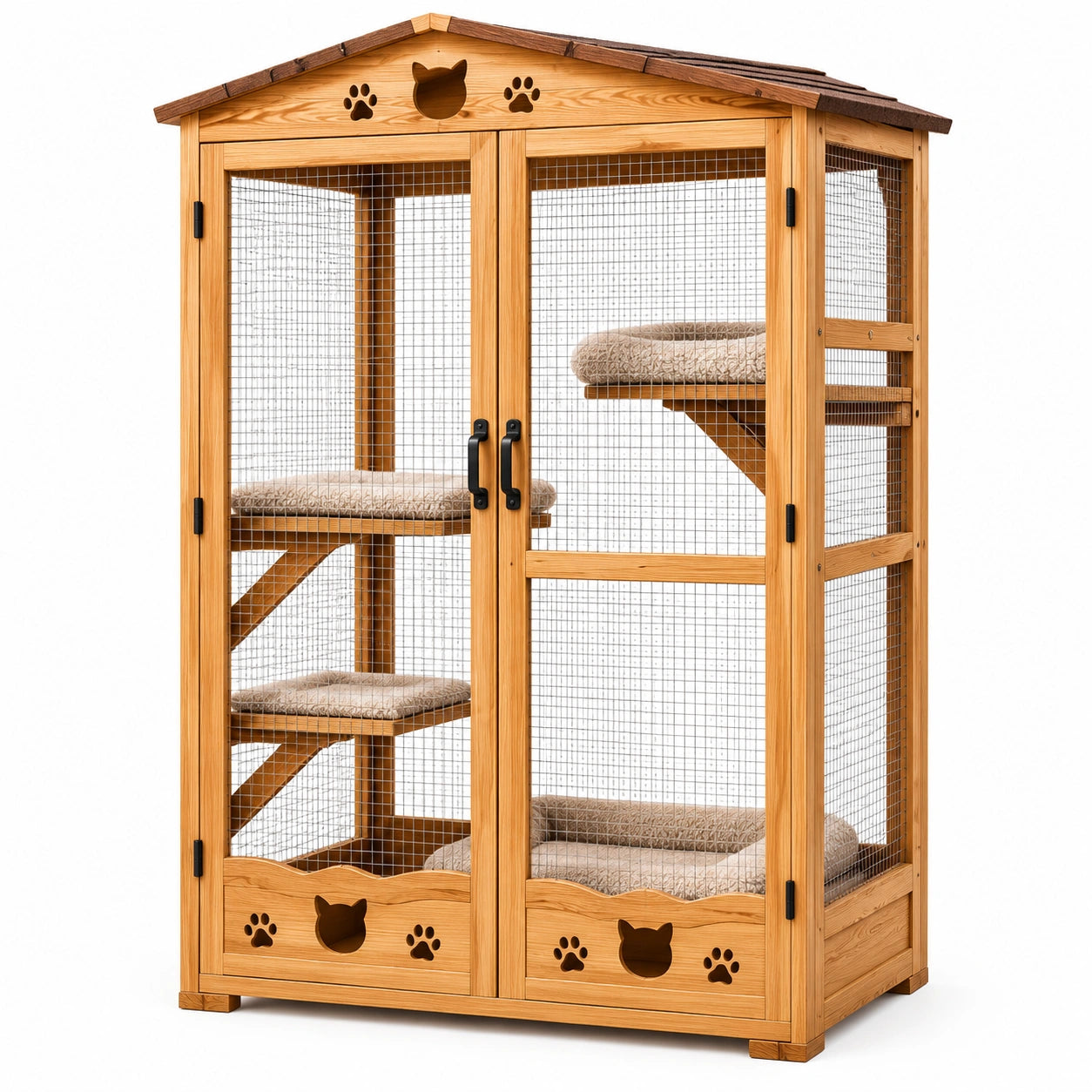 Enclos pour chats en bois naturel et grillage métallique, 120 × 80 × 170 cm, toit incliné, doubles portes et plateformes