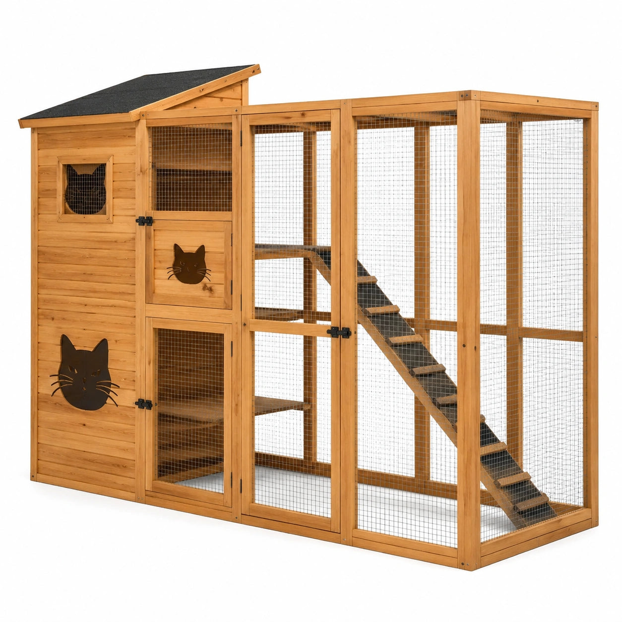 Enclos extérieur pour chat en bois naturel et noir, 200 x 100 x 180 cm, avec abri, rampe et plateformes