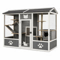 Enclos extérieur pour chat en bois gris et blanc avec toit, grillage, rampes et plateformes, 200 × 100 × 180 cm