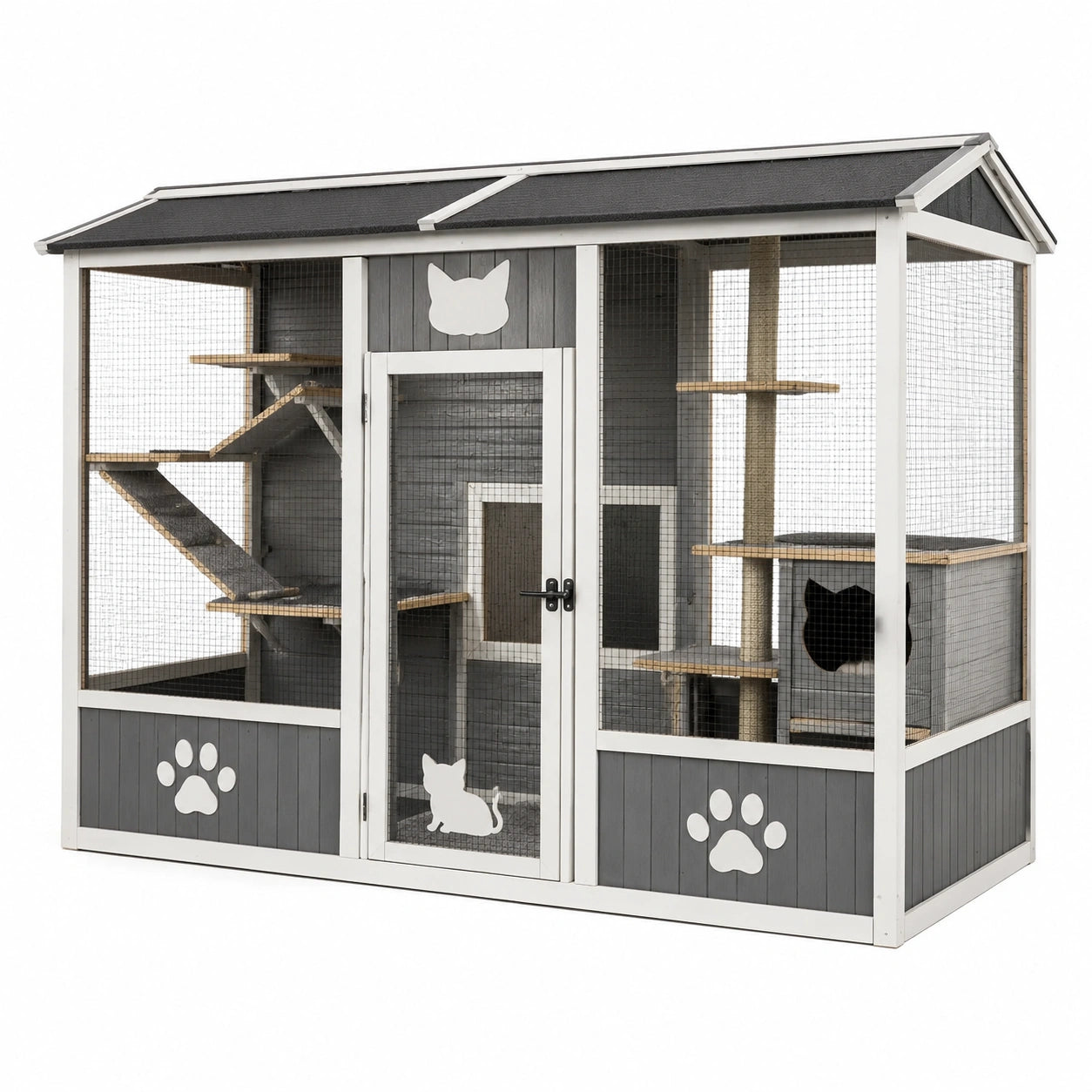 Enclos extérieur pour chat en bois gris et blanc avec toit, grillage, rampes et plateformes, 200 × 100 × 180 cm