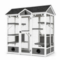 Enclos extérieur pour chat en bois blanc, gris et noir avec grillage, plateformes et abris – 204 × 102 × 183 cm
