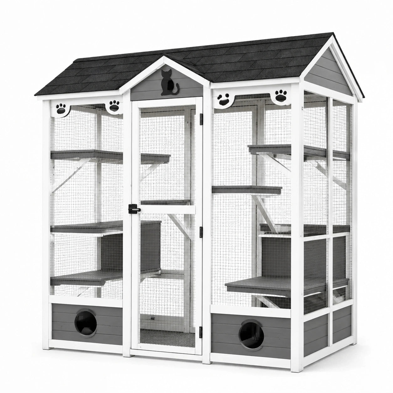 Enclos extérieur pour chat en bois blanc, gris et noir avec grillage, plateformes et abris – 204 × 102 × 183 cm