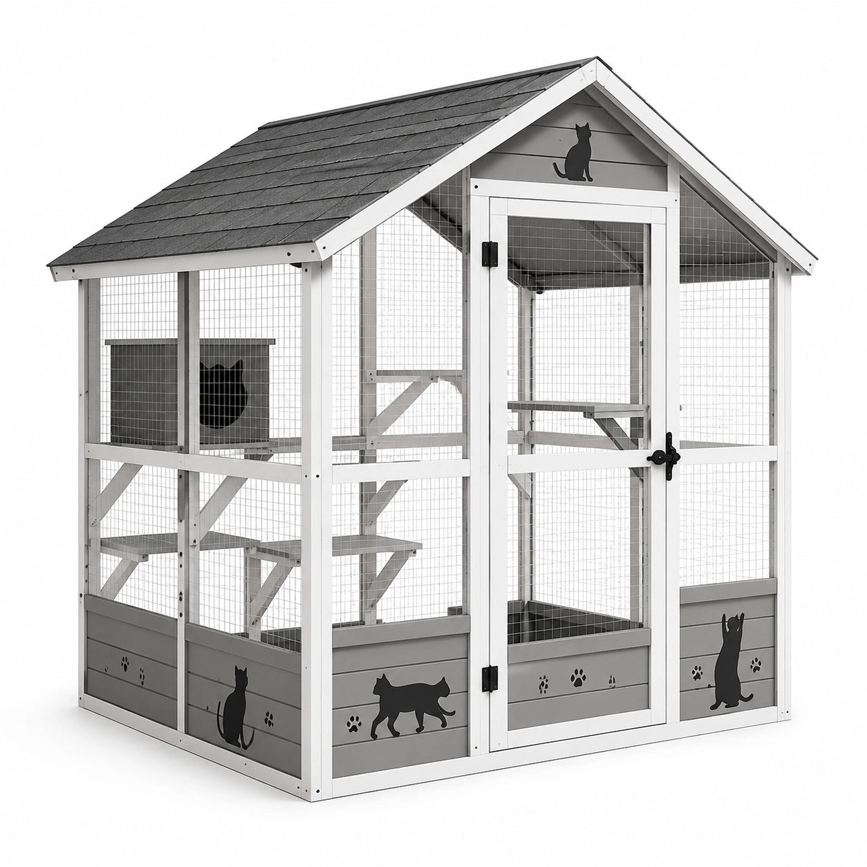Enclos extérieur pour chats en bois avec grillage, toit et plateformes, gris, blanc et noir, 180 × 100 × 180 cm