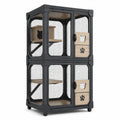 Cage pour chat à deux niveaux en métal noir et bois beige, 90 × 60 × 170 cm, avec roulettes