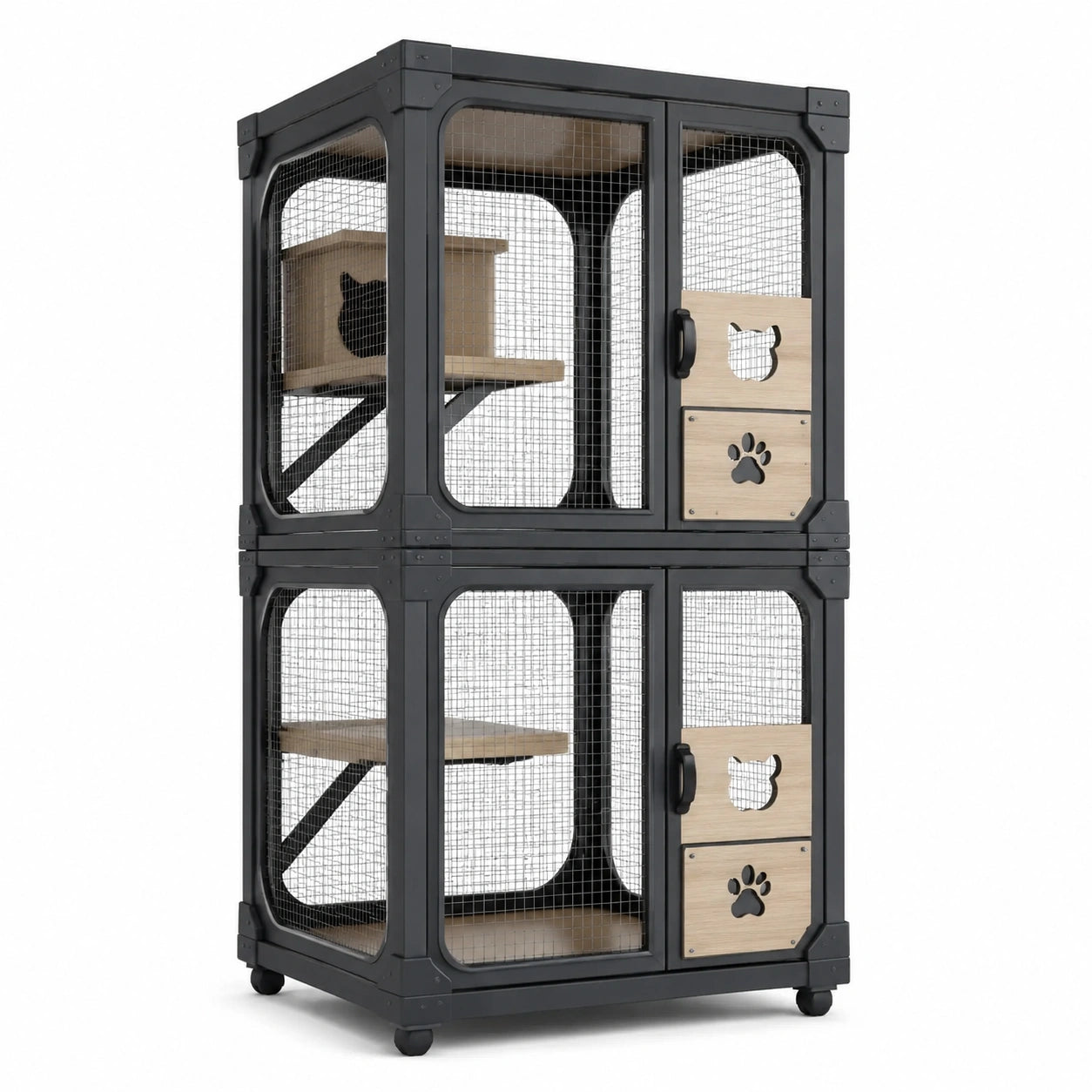 Cage pour chat à deux niveaux en métal noir et bois beige, 90 × 60 × 170 cm, avec roulettes