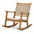 Fauteuil à bascule en bois brun et corde beige avec accoudoirs, 66 × 90 × 94 cm
