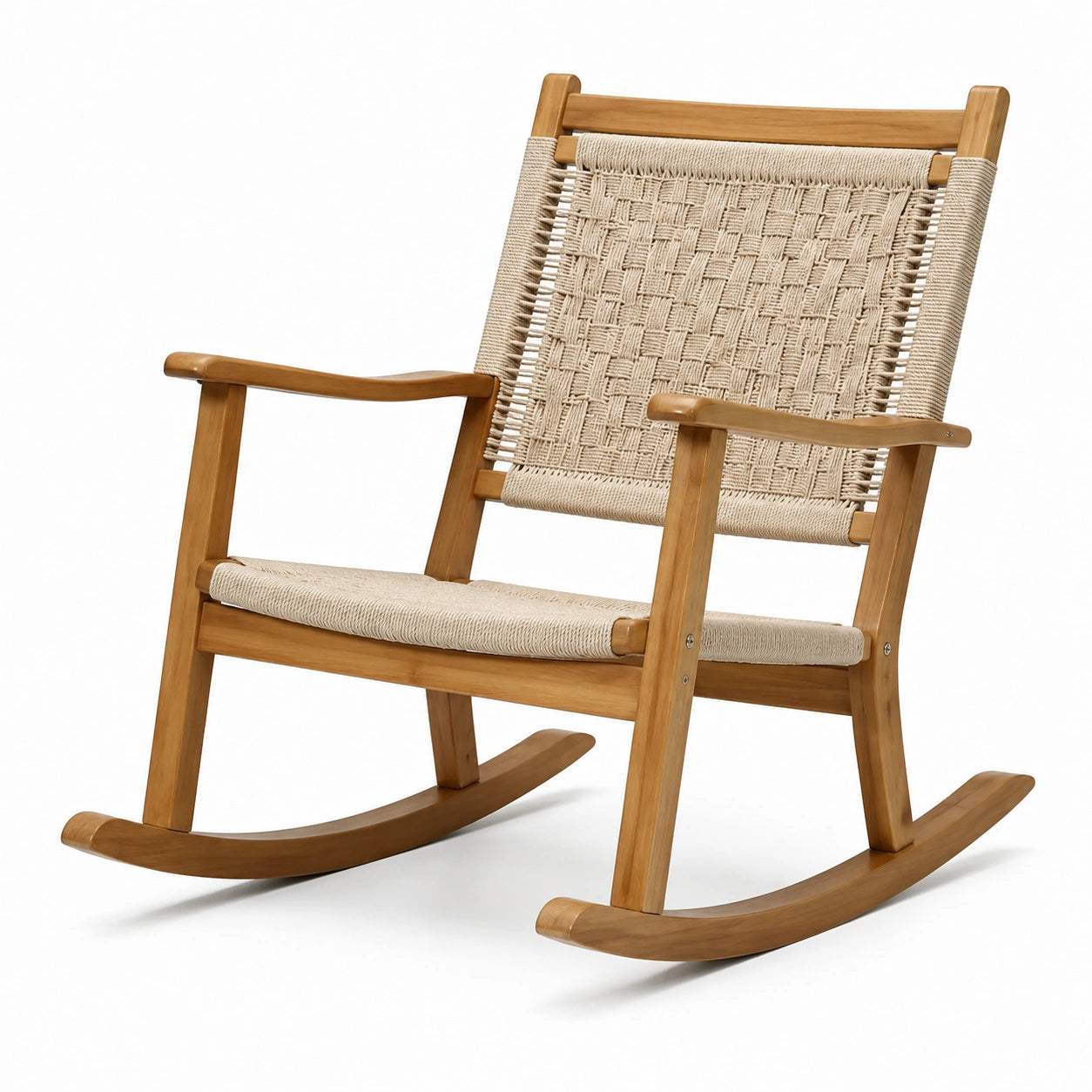 Fauteuil à bascule en bois brun et corde beige avec accoudoirs, 66 × 90 × 94 cm