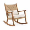 Fauteuil à bascule en bois brun, corde beige et coussins écrus – 72 × 88 × 94 cm