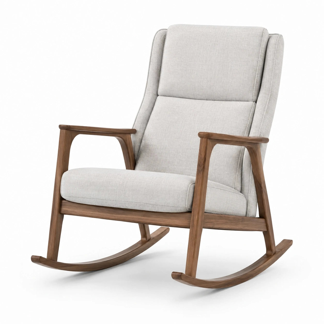 Fauteuil à bascule scandinave en bois marron et tissu gris clair, 90 × 70 × 102 cm