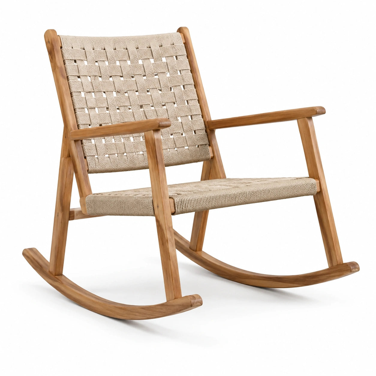 Fauteuil à bascule en bois naturel et corde beige, 69 × 86 × 93 cm, style bohème
