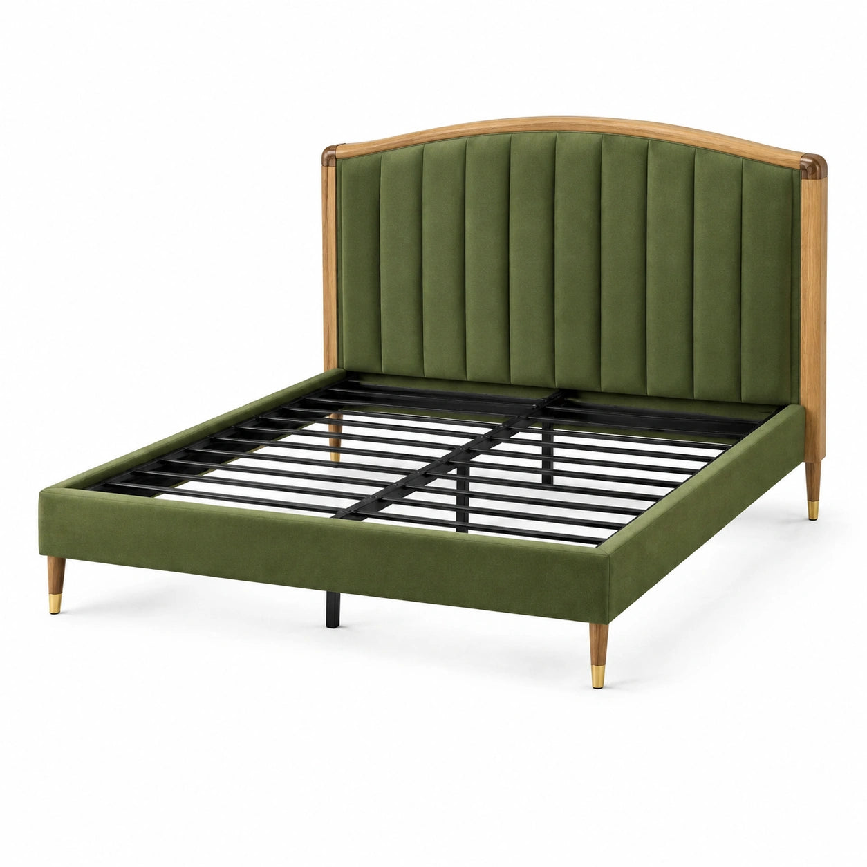 Lit double rembourré 160 × 200 cm en velours vert olive, structure en bois et métal, style vintage