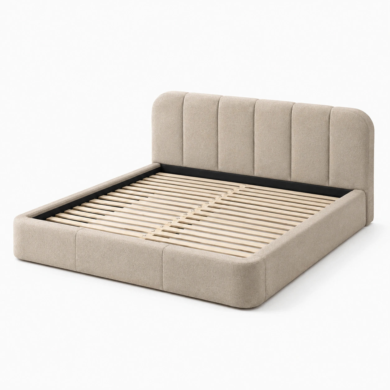 Lit double rembourré beige pour matelas 160 × 200 cm avec tête de lit à panneaux verticaux et sommier à lattes